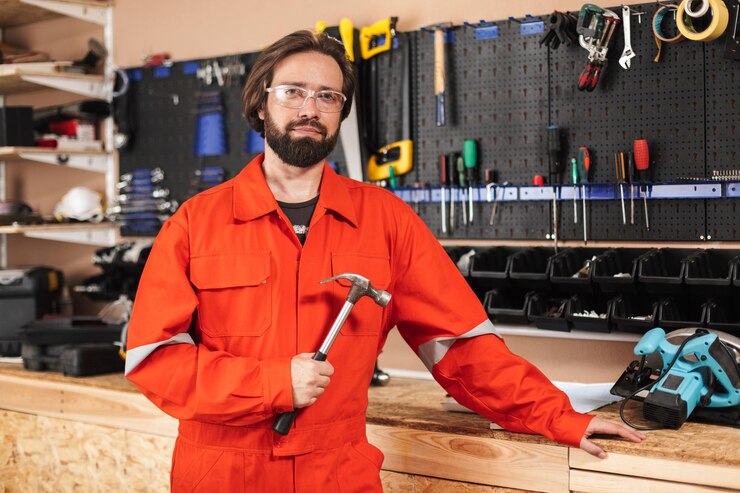 foreman-orange-work-clothes-protective-eyewear-holding-hammer-dreamily-looking-camera-with-tools-background-workshop_Construction Equipment