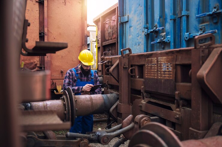 railroad-worker-checking-cargo-containers-freight-train-station, Hydraulic Pump